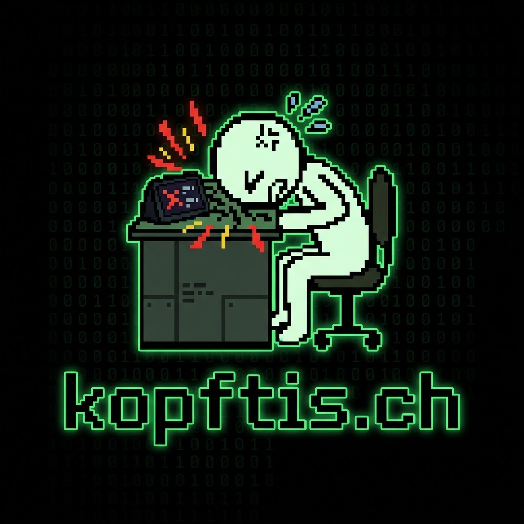 Pixel-art drawing of a figure resting their forehead on a desk in front of a crashed terminal, drawn in neon green over a field of falling binary digits, with the wordmark kopftis.ch beneath.